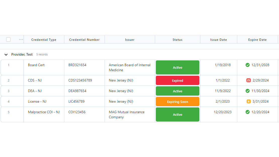 sample list of provider's credentials